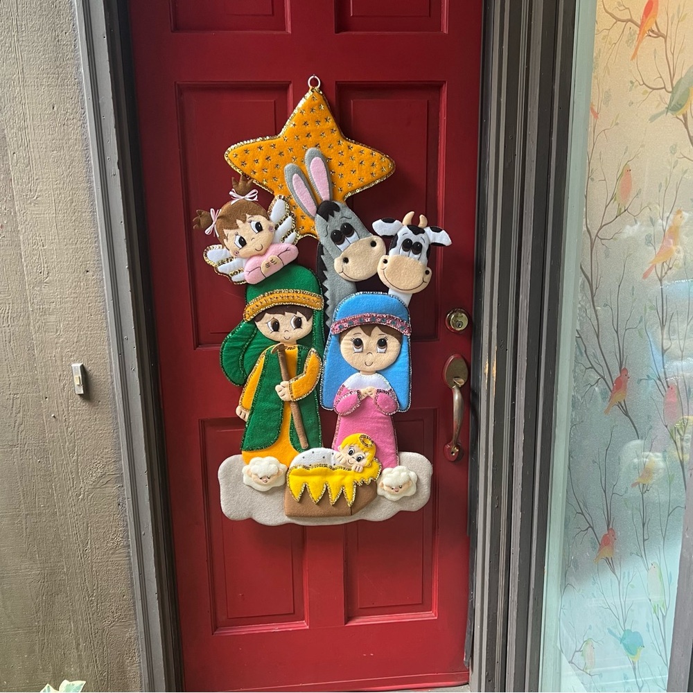Colorful Felt Nativity Scene Wall Hanging Handcrafted VTG